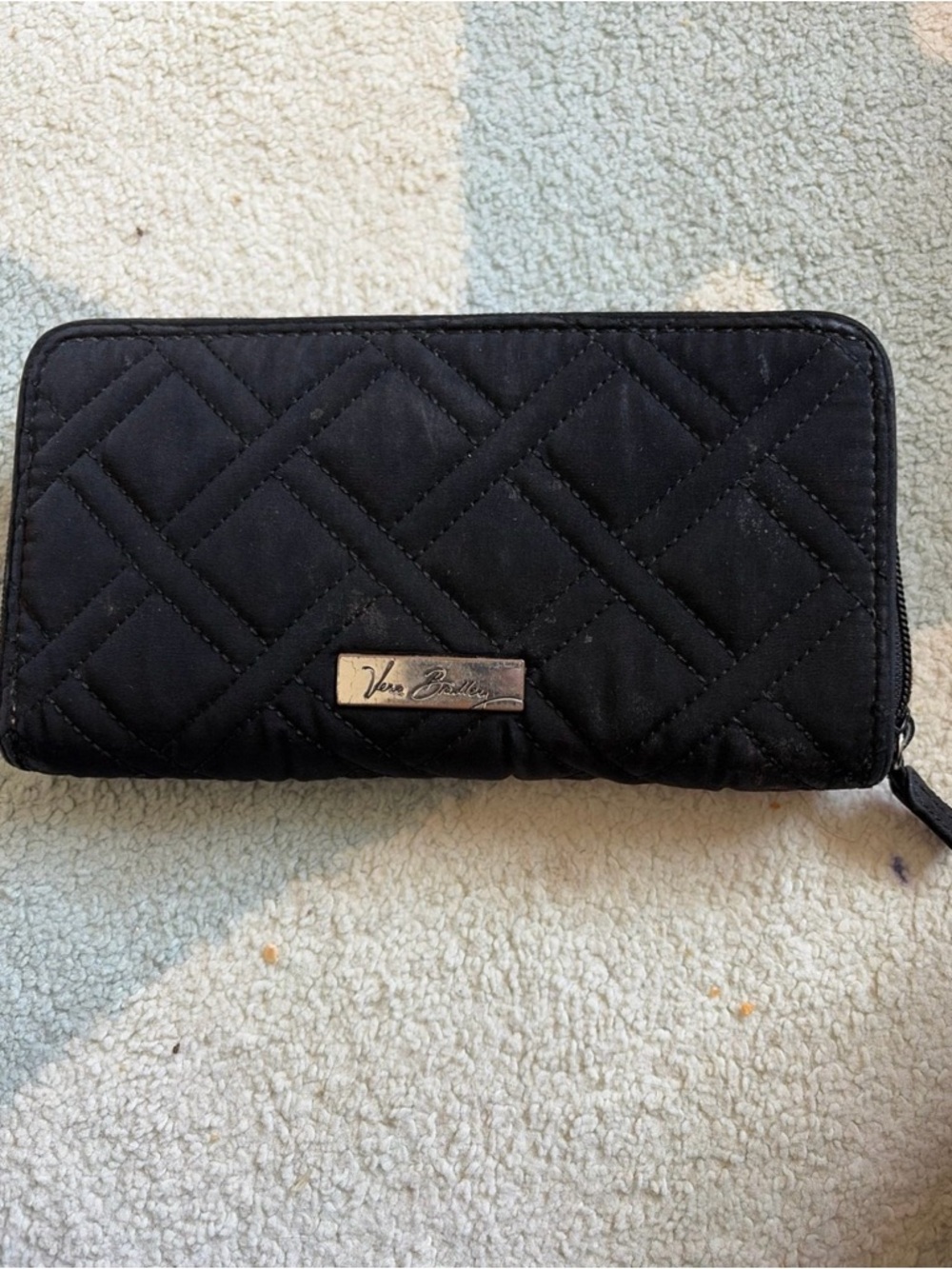 Vera Bradley Black Quilted Zip Wallet with Logo Plate